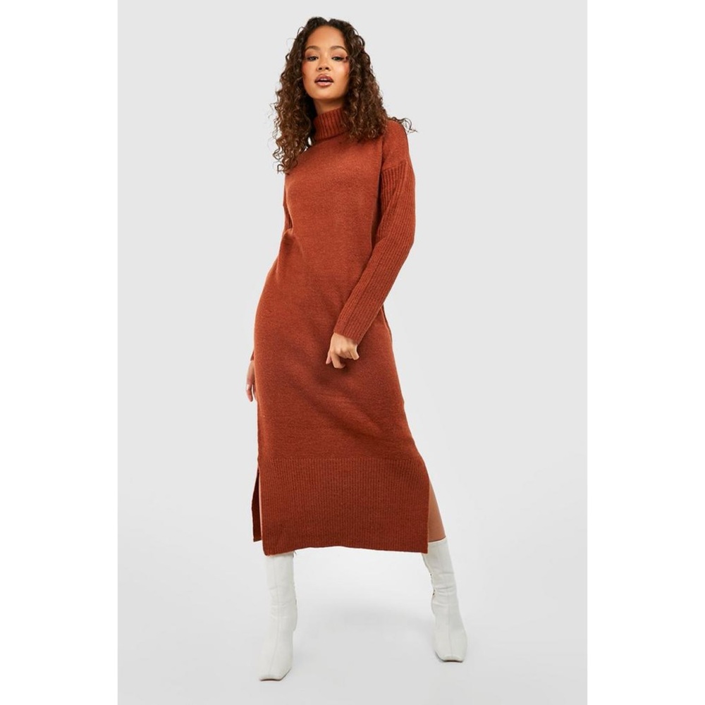 174. NW0T Boohoo Rust Mixed Stitch Knit Turtleneck Midi Dress